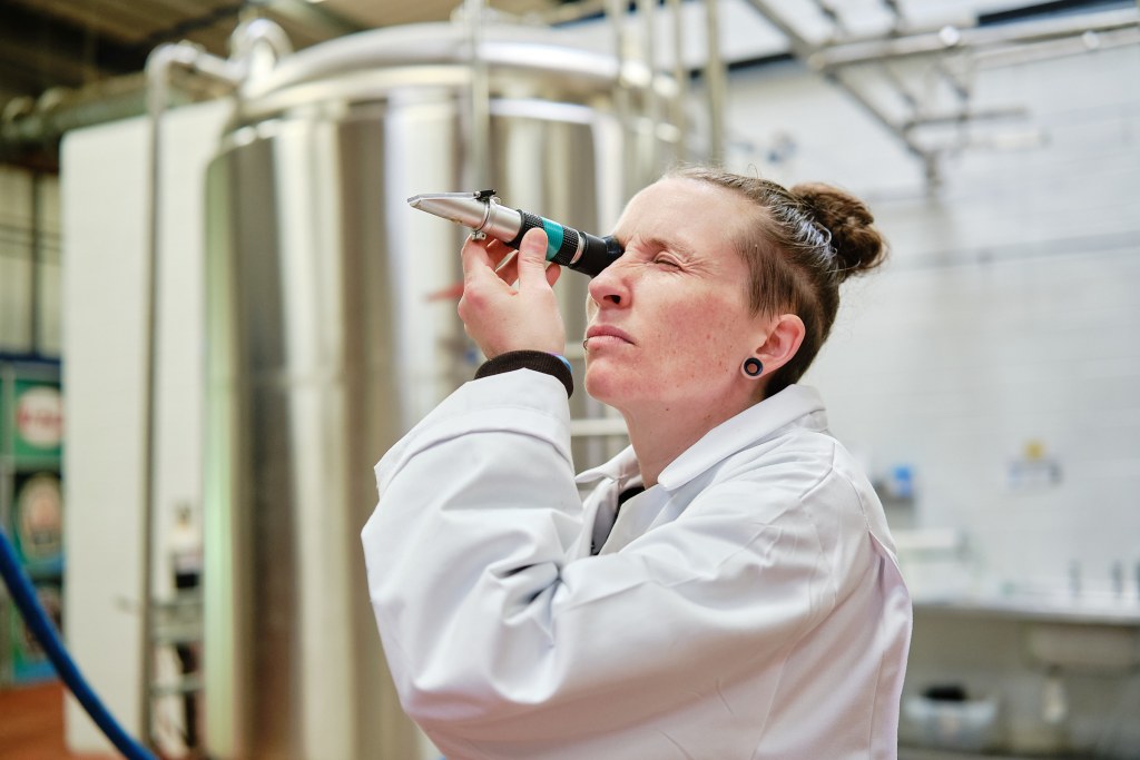 Head Brewer Bex at Drop Bear Beer Co. in Swansea, working in a technical brewing role within the brewery.