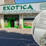 The Exotica Foods international supermarket on St Helen’s Road in Swansea city centre. Inset: Letter apologising for a student prank with £100 cash placed on top of the note.