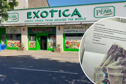 The Exotica Foods international supermarket on St Helen’s Road in Swansea city centre. Inset: Letter apologising for a student prank with £100 cash placed on top of the note.