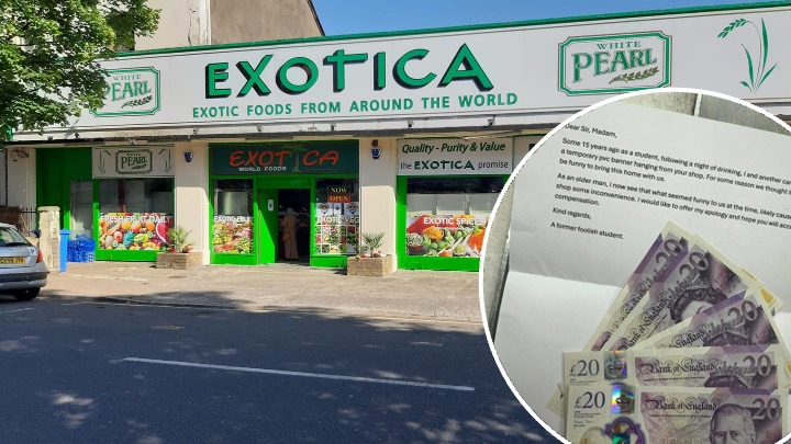 The Exotica Foods international supermarket on St Helen’s Road in Swansea city centre. Inset: Letter apologising for a student prank with £100 cash placed on top of the note.