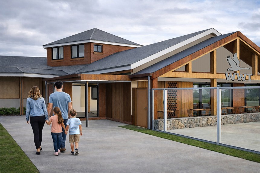 Artist’s impression showing a family walking towards a redesigned timber-clad entrance building at WWT Llanelli Wetland Centre with improved access and modern facilities.