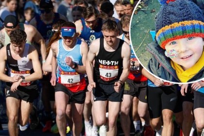 Crowd of runners starting the Gorseinon 10K race, with an inset image of Morgan Riddler, a smiling young boy wearing a woolly hat.