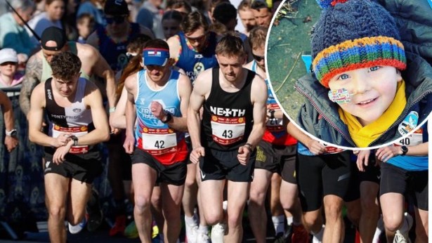 Crowd of runners starting the Gorseinon 10K race, with an inset image of Morgan Riddler, a smiling young boy wearing a woolly hat.
