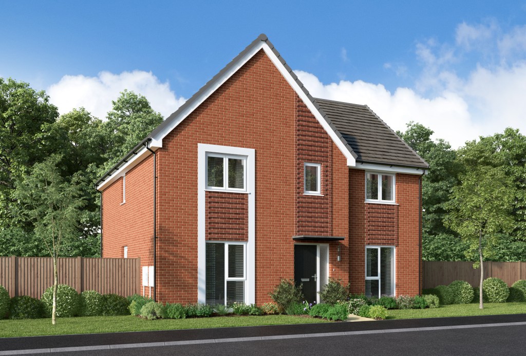 A computer-generated image of a modern two-story red brick house with a grey tiled roof and white window frames, surrounded by green lawns and trees.