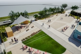An aerial artist's impression of a large, paved public square next to a road and the sea. The space includes a large white tensile canopy, wooden pop-up retail units, seating areas, and green spaces with trees.