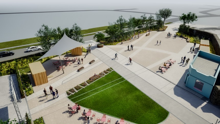 An aerial artist's impression of a large, paved public square next to a road and the sea. The space includes a large white tensile canopy, wooden pop-up retail units, seating areas, and green spaces with trees.
