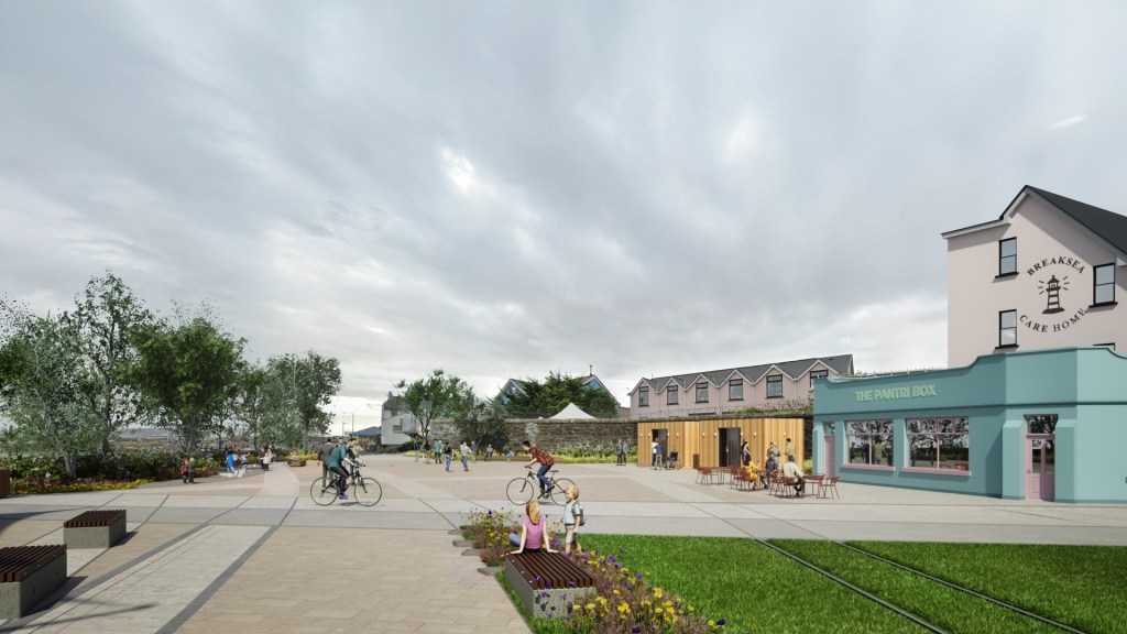 A wide-angle artist's impression of a new public square in Porthcawl, showing people walking and cycling on a paved area with benches, flowerbeds, and newly planted trees under a cloudy sky.