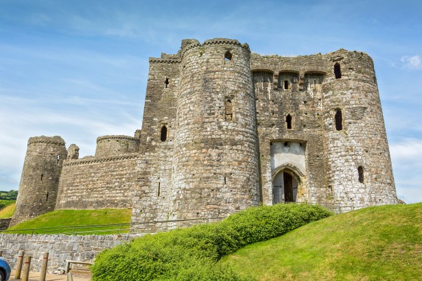 A large, medieval stone castle with tall cylindrical towers and a fortified gatehouse under a blue sky. The castle is built on a grassy mound with a stone wall and green bushes in the foreground.