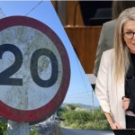 A montage showing a weathered 20mph speed limit sign on the left, and Reform MS Laura Anne Jones speaking at a microphone in the Senedd chamber on the right.