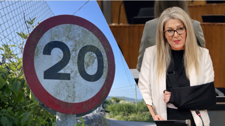 A montage showing a weathered 20mph speed limit sign on the left, and Reform MS Laura Anne Jones speaking at a microphone in the Senedd chamber on the right.