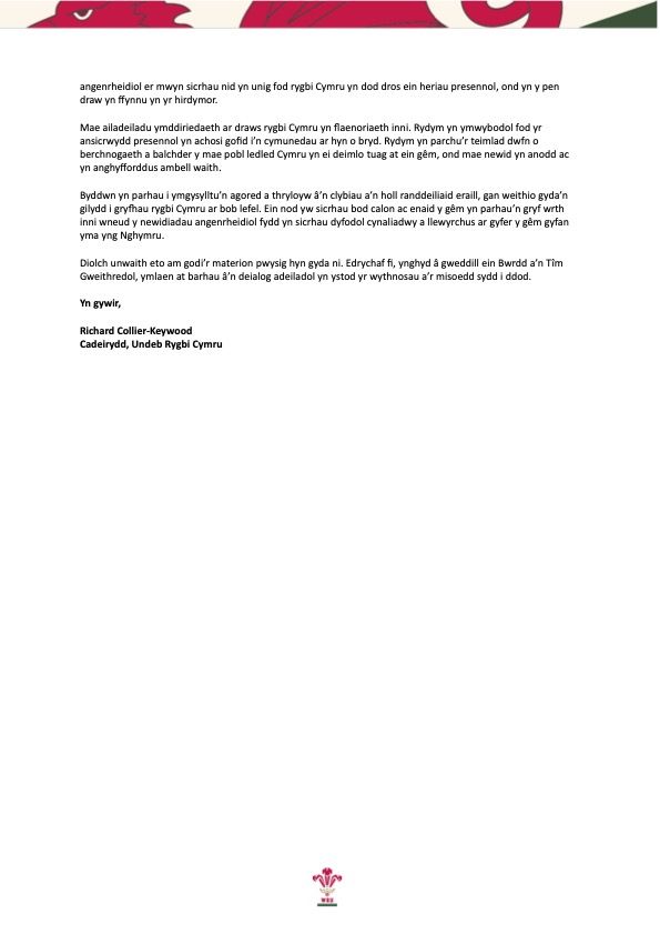 The fifth page of a formal letter from the Welsh Rugby Union to Delyth Jewell MS, Chair of the Senedd's Culture, Communications, Welsh Language, Sport and International Relations Committee.