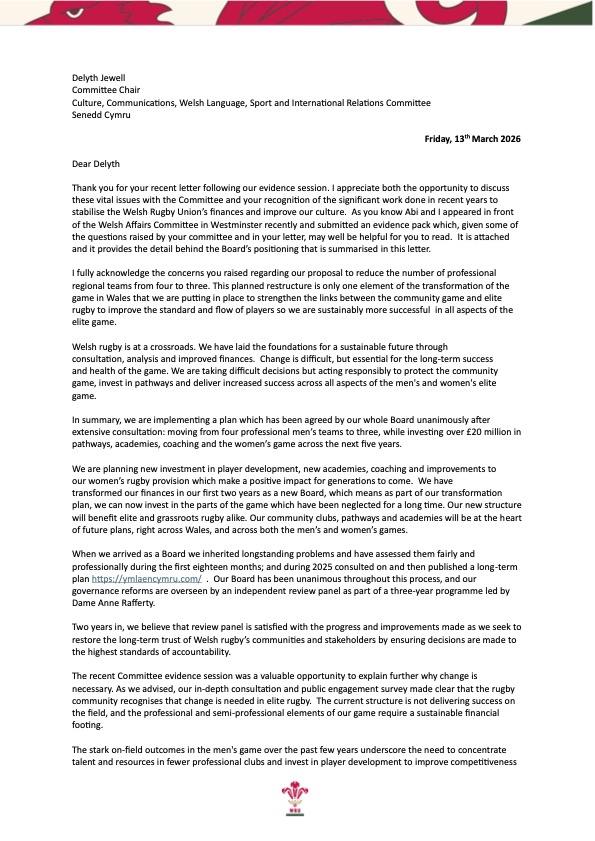 The first page of a formal letter from the Welsh Rugby Union to Delyth Jewell MS, Chair of the Senedd's Culture, Communications, Welsh Language, Sport and International Relations Committee.