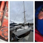 A composite image showing three scenes: on the left, a close-up of a damaged engine part; in the center, a white yacht moored at a dock; and on the right, a selfie of a man named Max wearing a blue hood and headlamp, looking weathered but smiling.