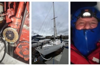 A composite image showing three scenes: on the left, a close-up of a damaged engine part; in the center, a white yacht moored at a dock; and on the right, a selfie of a man named Max wearing a blue hood and headlamp, looking weathered but smiling.
