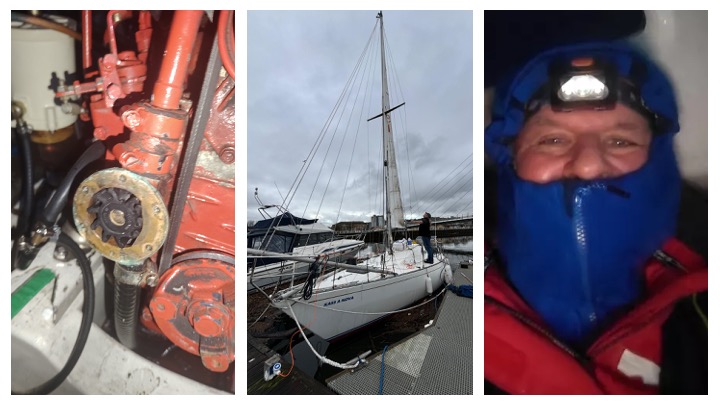 A composite image showing three scenes: on the left, a close-up of a damaged engine part; in the center, a white yacht moored at a dock; and on the right, a selfie of a man named Max wearing a blue hood and headlamp, looking weathered but smiling.