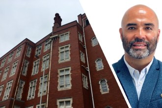 A montage showing the red-brick facade of the former Swansea Technical College in Mount Pleasant on the left, and a headshot of property developer and former rugby international Sililo Martens on the right.