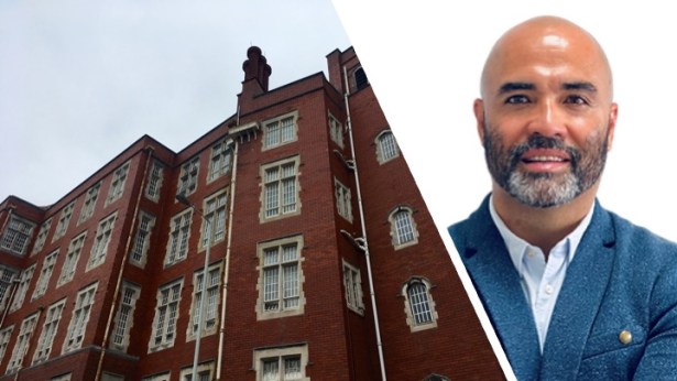 A montage showing the red-brick facade of the former Swansea Technical College in Mount Pleasant on the left, and a headshot of property developer and former rugby international Sililo Martens on the right.