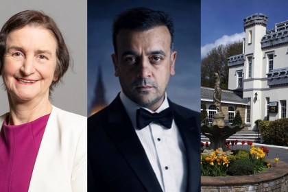 A composite image showing a portrait of Llanelli MP Nia Griffith on the left, a portrait of Stradey Park Hotel CEO Ahsan Ullah in a tuxedo in the center, and a view of the Stradey Park Hotel building and fountain on the right.