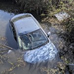 A close-up, landscape crop showing the front of a silver car submerged in water with surrounding reeds and vegetation, taken during an emergency response.