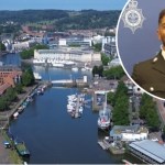 Aerial view of Bristol Harbour showing boats and surrounding buildings, with an inset portrait of South Wales Police officer Rehaan Akhtar in uniform.