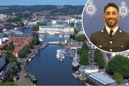 Aerial view of Bristol Harbour showing boats and surrounding buildings, with an inset portrait of South Wales Police officer Rehaan Akhtar in uniform.