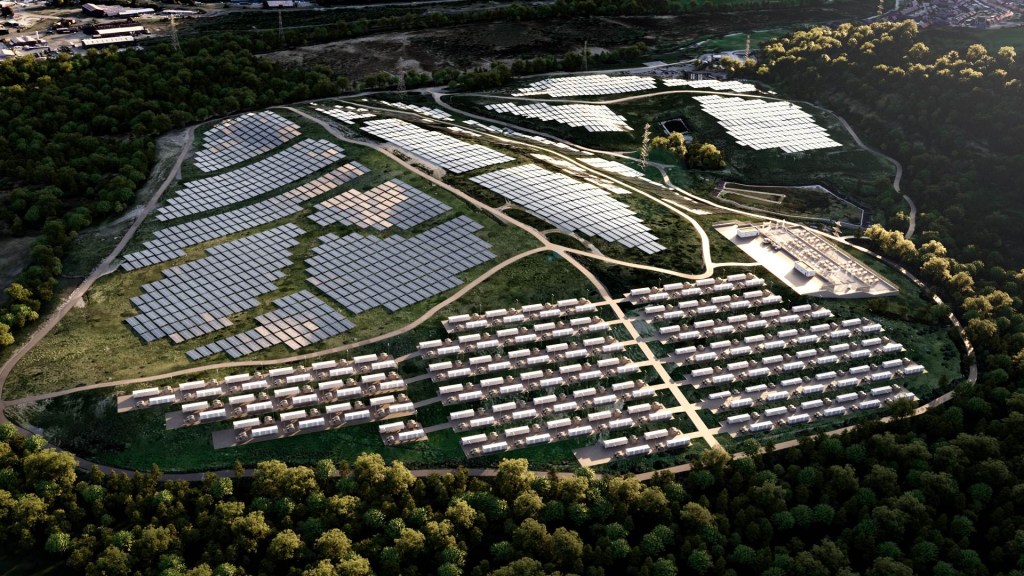Aerial artist’s impression showing large solar panel arrays across landscaped land at Tir John, with planned buildings and infrastructure forming part of a wider renewable energy development.
