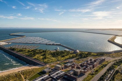 Wide aerial artist’s impression of a tidal lagoon in Swansea Bay, with a curved sea wall enclosing water, solar installations, and nearby coastal developments along the shoreline.