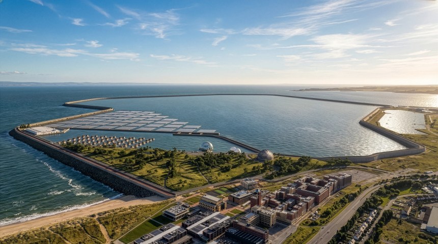 Wide aerial artist’s impression of a tidal lagoon in Swansea Bay, with a curved sea wall enclosing water, solar installations, and nearby coastal developments along the shoreline.