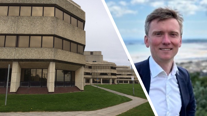 Composite image showing Swansea Civic Centre building on Oystermouth Road and Swansea West MP Torsten Bell.