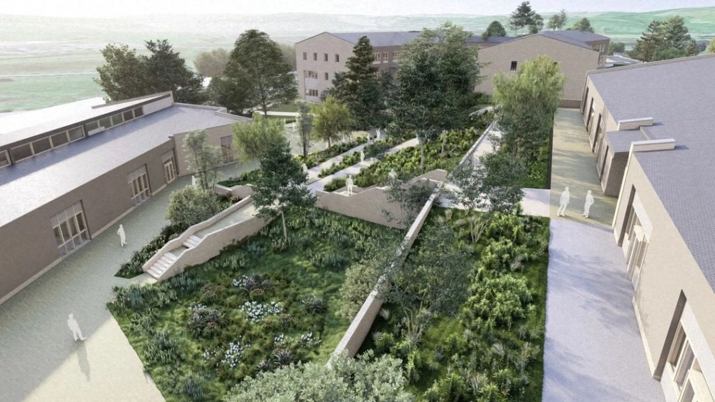 Artist’s impression of the new Campws Caerfyrddin campus in Carmarthen, featuring multiple modern college buildings arranged around landscaped green areas and walkways