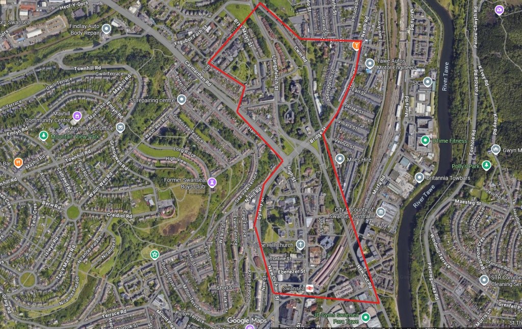 Aerial map of Swansea highlighting the Dyfatty area included in the crime reduction initiative