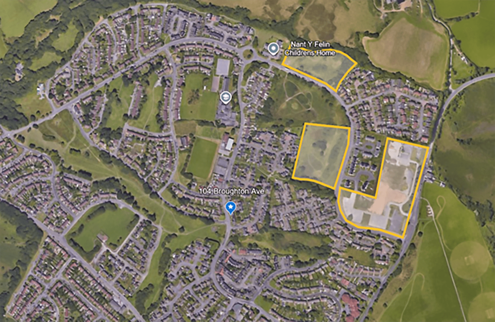 Aerial map of Penplas Swansea highlighting three development sites off Milford Way including former Leo’s supermarket land