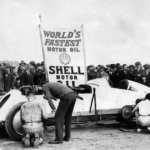 The historic land speed record car Babs on Pendine Sands, marking the centenary of its 1926 world record run.