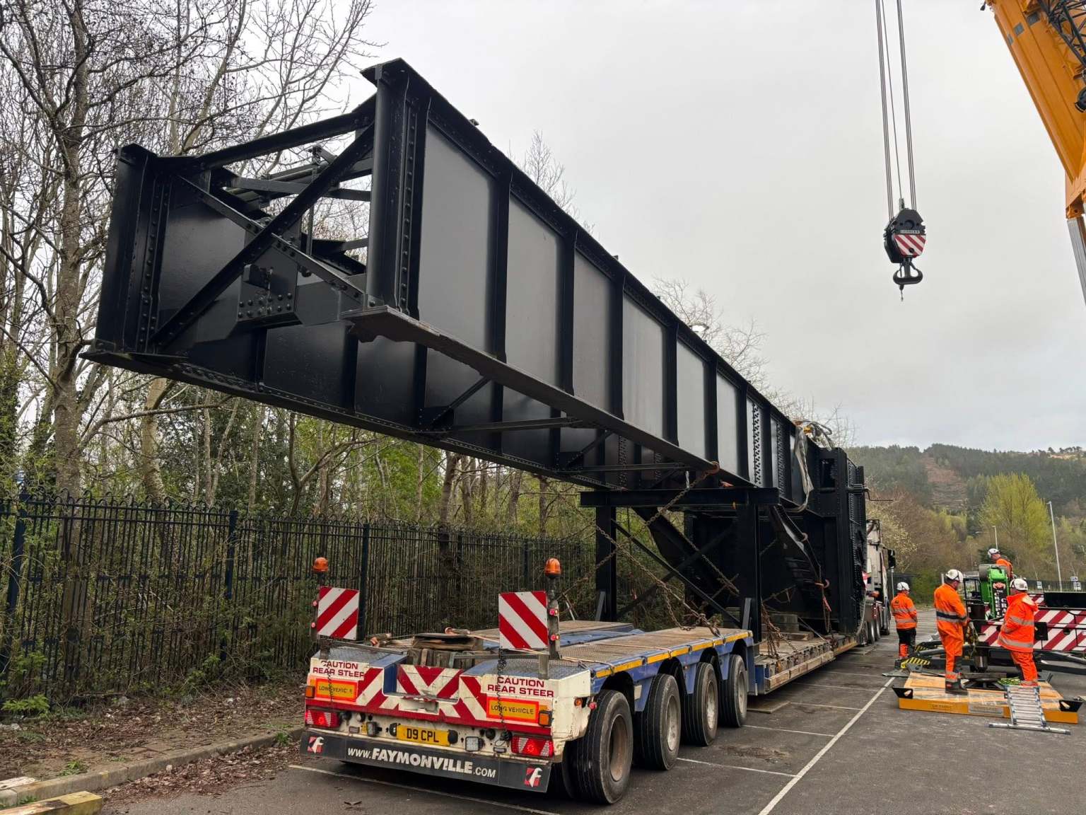 The restored Swansea Bascule Bridge loaded on a heavy haulage low-loader at Landore Park and Ride