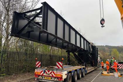 The restored Swansea Bascule Bridge loaded on a heavy haulage low-loader at Landore Park and Ride