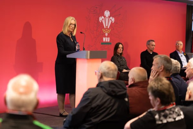 Abi Tierney speaking at the podium during the WRU EGM