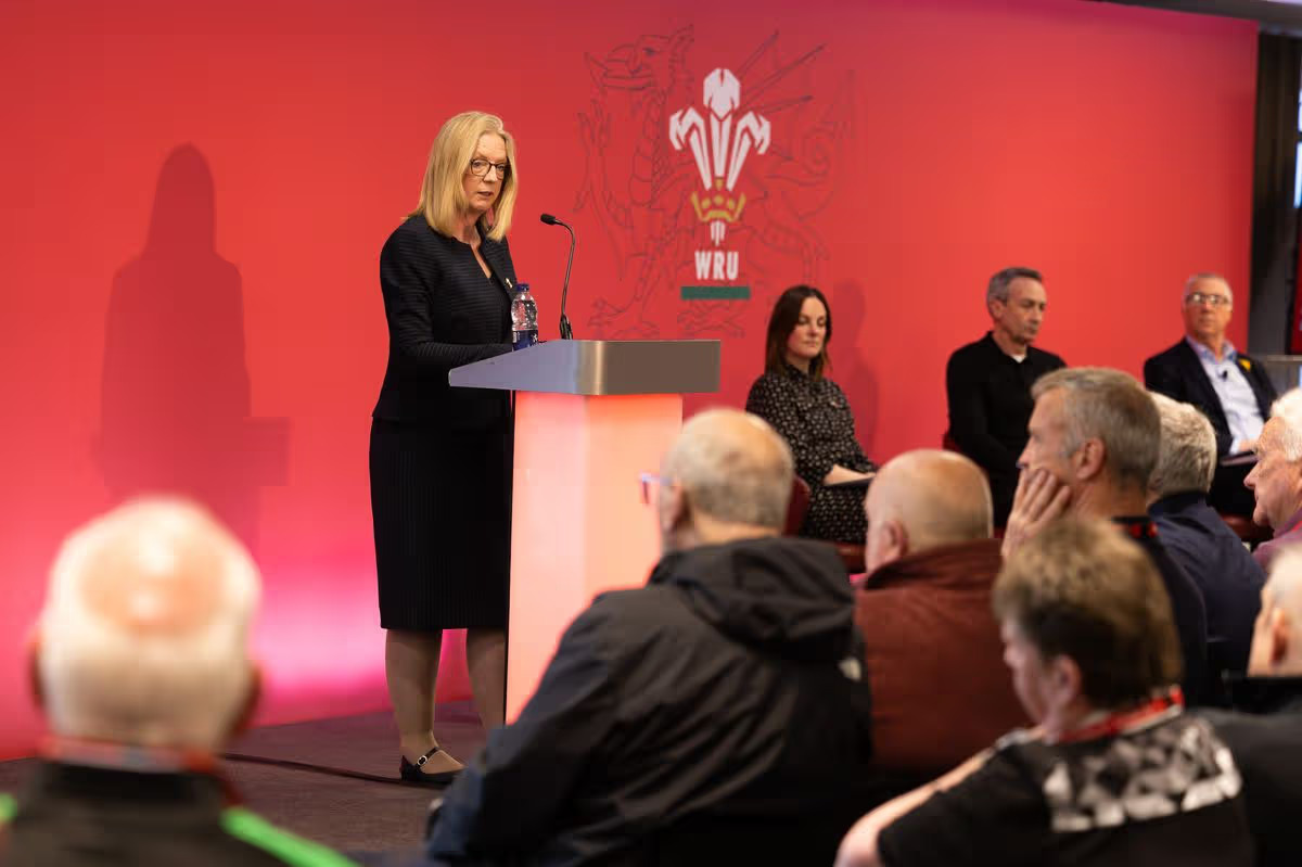 Abi Tierney speaking at the podium during the WRU EGM