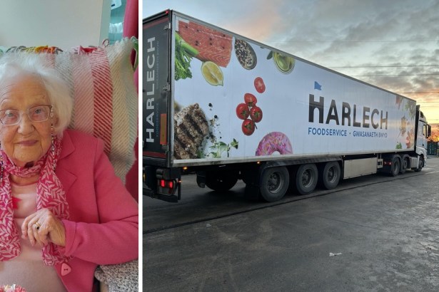 Dorothy Edwards known as Granny Dot seated in a pink jacket, alongside a Harlech Foodservice delivery truck at sunset