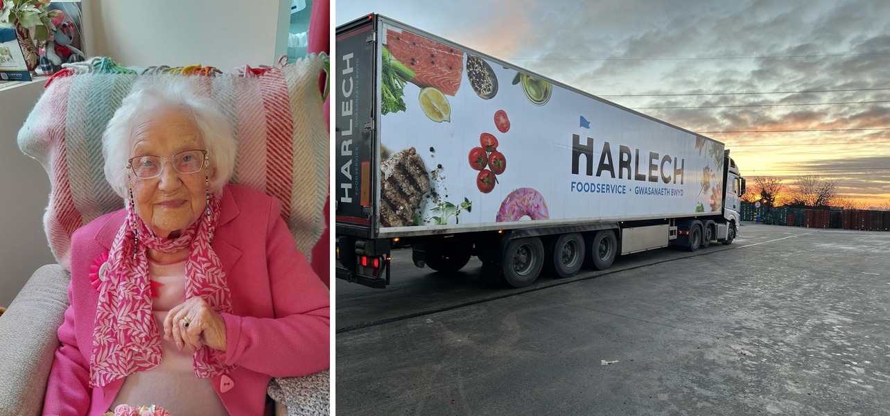 Dorothy Edwards known as Granny Dot seated in a pink jacket, alongside a Harlech Foodservice delivery truck at sunset