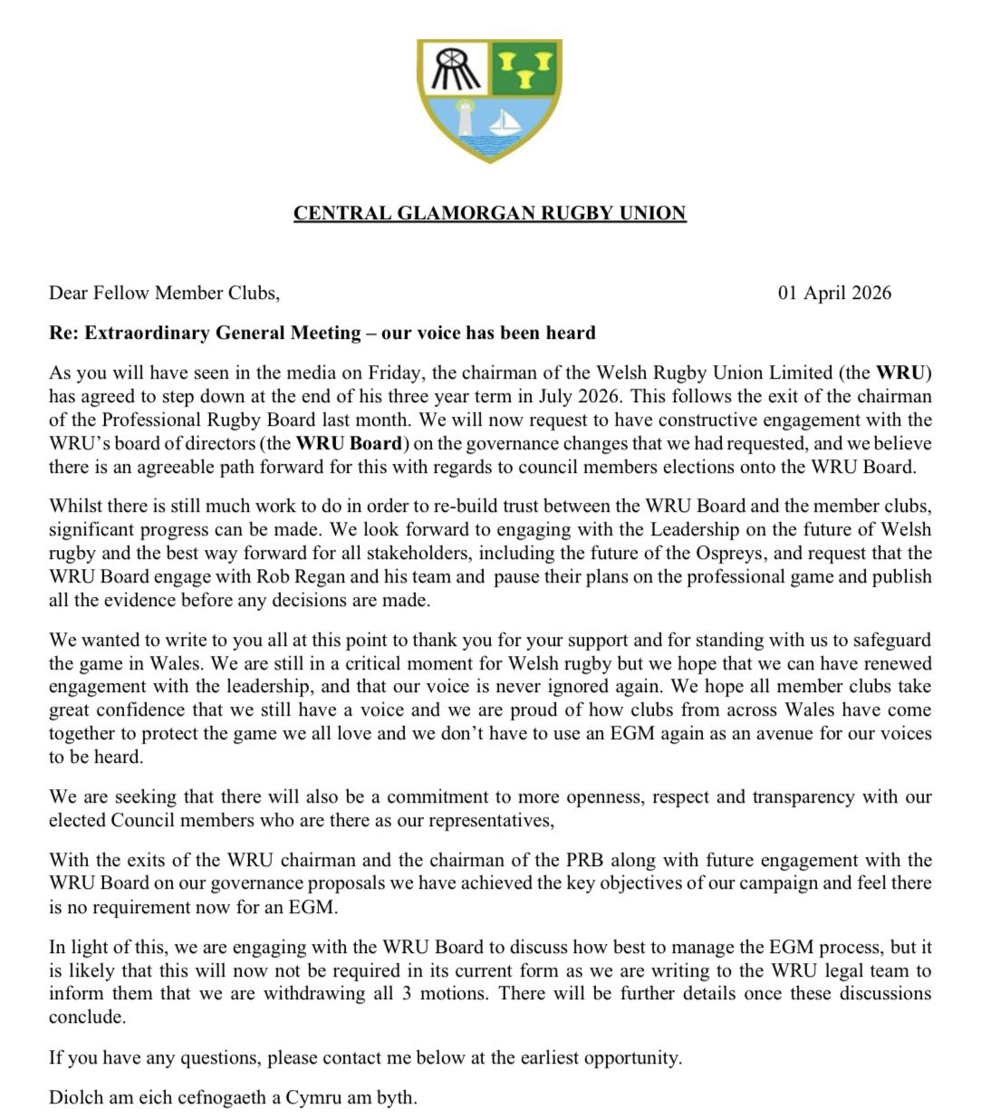 The letter from the Central Glamorgan Rugby Union (CGRU)