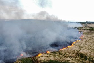 Aerial view of a large wildfire burning across Fairwood Common on Gower, with a line of orange flames advancing across dry grassland and a thick plume of grey smoke rising into the sky, with a road and fields visible in the distance