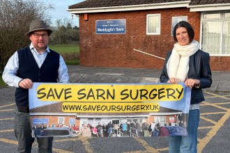 Independent Senedd Candidate, Carl Peters-Bond with Meddygfa'r Sarn campaign organiser Clare Treharne
