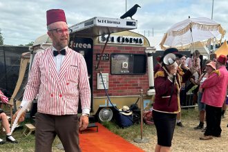 Usher, Jo Furlong in front of Sol Cinema