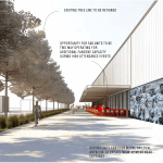 An architect's exterior render of the proposed Swansea City fan zone showing a large club mural featuring players in white running along the full length of the building's exterior wall, with the existing tree line retained alongside a wide public footpath