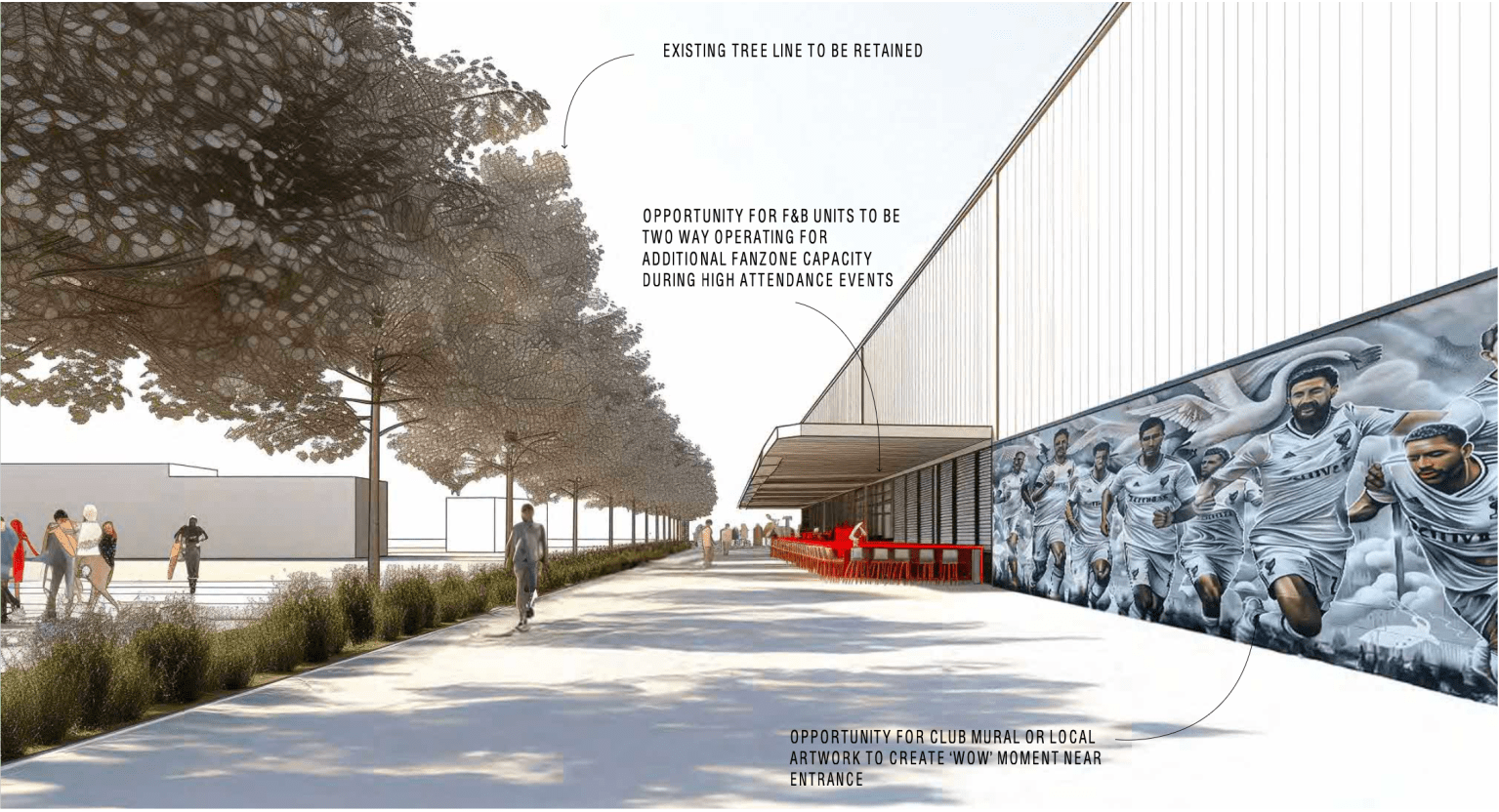 An architect's exterior render of the proposed Swansea City fan zone showing a large club mural featuring players in white running along the full length of the building's exterior wall, with the existing tree line retained alongside a wide public footpath