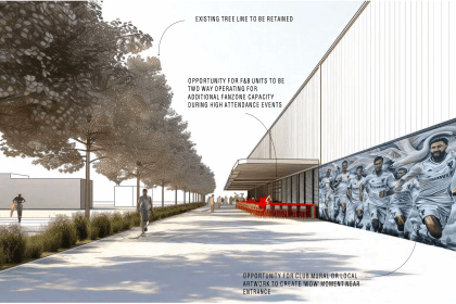 An architect's exterior render of the proposed Swansea City fan zone showing a large club mural featuring players in white running along the full length of the building's exterior wall, with the existing tree line retained alongside a wide public footpath