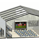 An architect's cross-section illustration of the proposed Swansea City fan zone, showing rows of bierkeller-style bench seating facing a large screen, club song lyrics printed on the back wall, an elevated viewing gallery on both sides and food and drink kiosks at the entrance