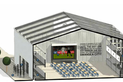 An architect's cross-section illustration of the proposed Swansea City fan zone, showing rows of bierkeller-style bench seating facing a large screen, club song lyrics printed on the back wall, an elevated viewing gallery on both sides and food and drink kiosks at the entrance