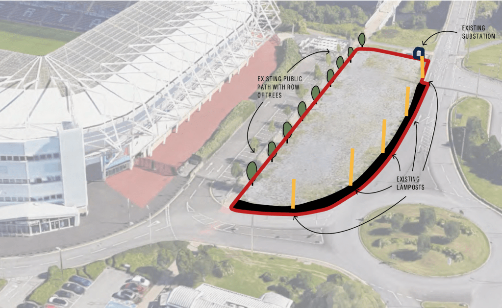 An aerial view of the land behind the South Stand at the Swansea.com Stadium with a red outline marking the proposed development site, annotated to show an existing public footpath with trees to the west, lampposts to the east and an electricity substation to the north