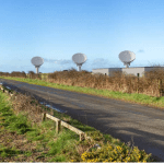 MOD photomontage showing radar dishes from the DARC scheme visible above hedgerows on the local road to Brawdy, Pembrokeshire